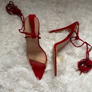 Suede heels from PrettyLittleThing. Heel is 4 inches and heels tie up. Size 6.